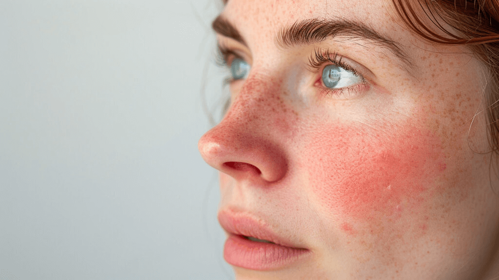 Zaczerwienienia skóry na policzku kobiety